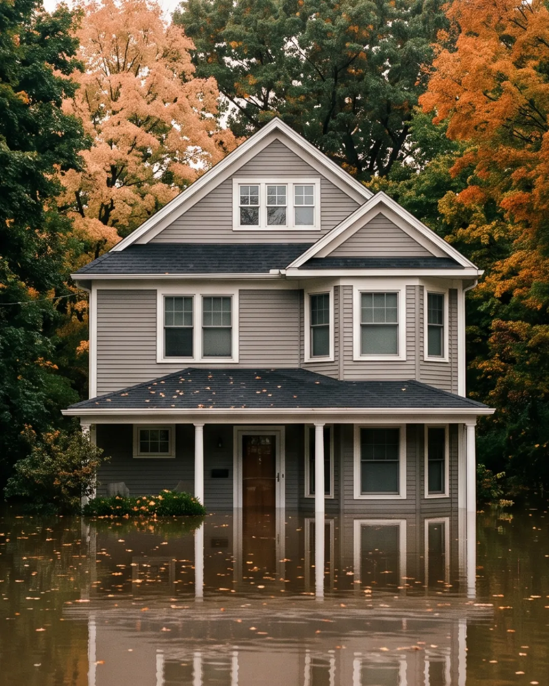 A house with floodwater rising to the porch and windows